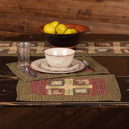  VHC Brands Tea Cabin Quilted Placemat Set of 6 12x18 Log Cabin Country Rustic Lodge Kitchen Tabletop Design, Moss Green