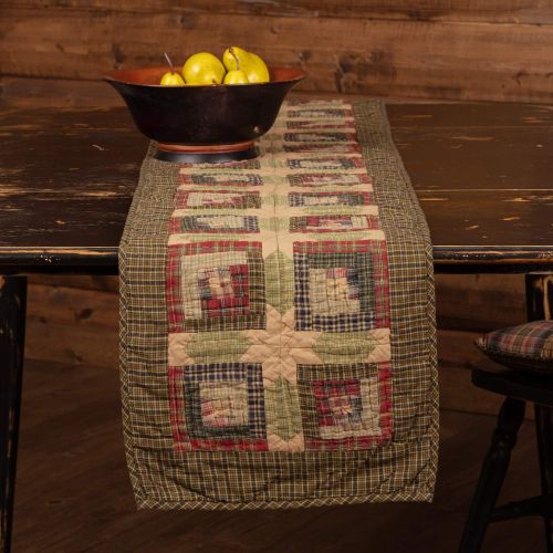  VHC Brands Tea Cabin Runner Quilted 13x72 Log Cabin Country Rustic Lodge Kitchen Tabletop Design, Moss Green and Deep Red