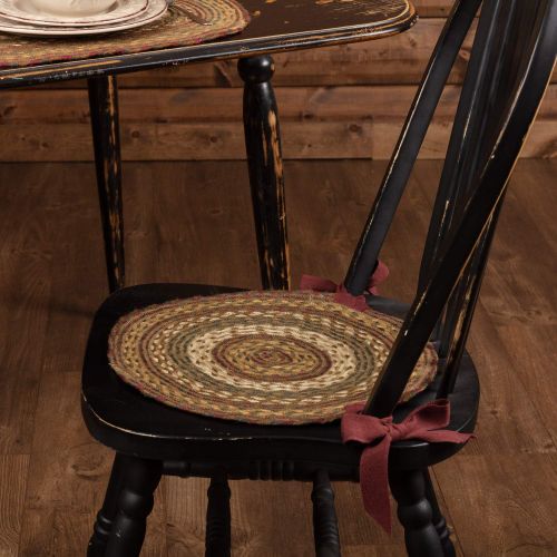  VHC Brands Tea Cabin Jute Chair Pad Set of 6 Log Cabin Country Rustic Lodge Braided Design, Moss Green and Deep Red