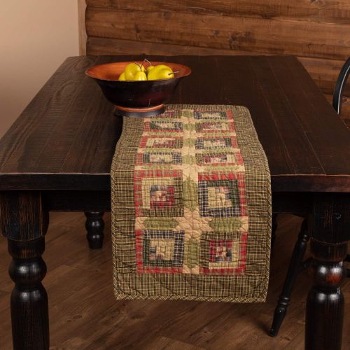  VHC Brands Tea Cabin Runner Quilted 13x36 Log Cabin Country Rustic Lodge Kitchen Tabletop Design, Moss Green and Deep Red