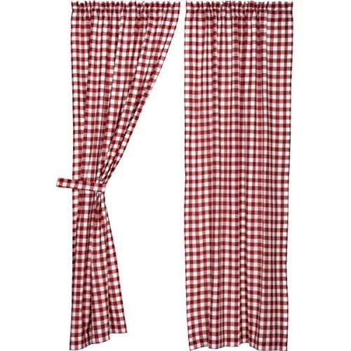  VHC Brands Classic Country Farmhouse Window Curtains - Buffalo Red Check Red Curtain Panel Pair