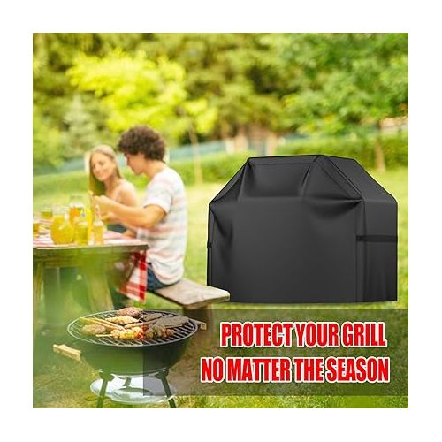  Grill Cover, 58 inch BBQ Gas Grill Cover for Outdoor Grill, Waterproof, Anti-UV, Rip-Proof, Fade Resistant Material, Barbecue Cover with Hook-and-Loop Straps & Adjustable Hem Drawstring, Black