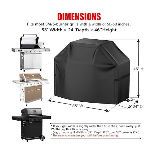  Grill Cover, 58 inch BBQ Gas Grill Cover for Outdoor Grill, Waterproof, Anti-UV, Rip-Proof, Fade Resistant Material, Barbecue Cover with Hook-and-Loop Straps & Adjustable Hem Drawstring, Black