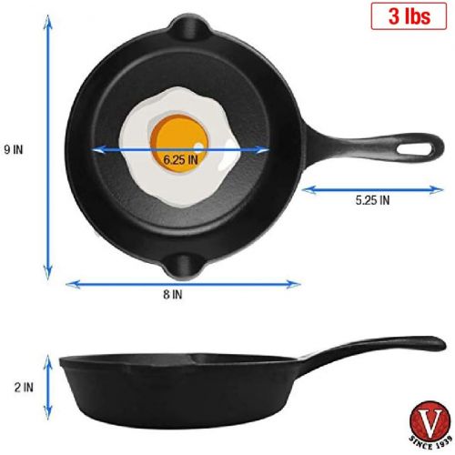  Victoria SKL-208 Cast Iron Skillet. Small Frying Pan Seasoned with 100% Kosher Certified Non-GMO Flaxseed Oil, 8, Black