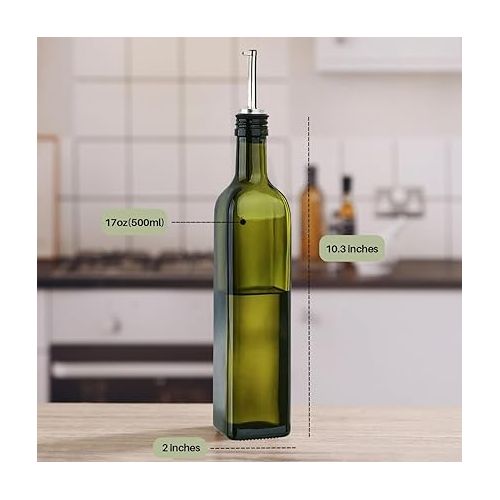  VIGOR PATH Glass Oil Dispenser - 17 oz/500ml Capacity - Oil and Vinegar Cruet Bottle with Pourers, Funnel, and Seal Caps - Elegant Decanter for Kitchen - Green