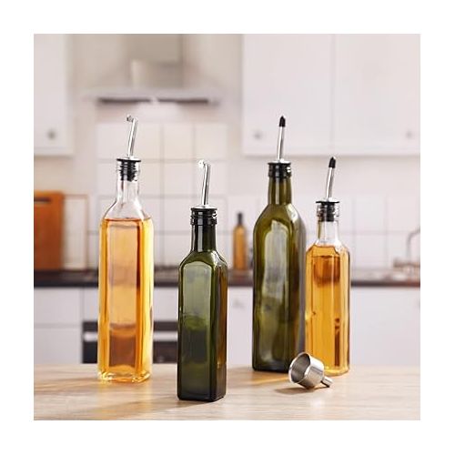  VIGOR PATH Glass Oil Dispenser - 17 oz/500ml Capacity - Oil and Vinegar Cruet Bottle with Pourers, Funnel, and Seal Caps - Elegant Decanter for Kitchen - Green