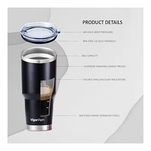  VIGOR PATH Insulated Tumbler Cup with Slide Lid, Double-Walled Vacuum Stainless Steel Water Bottle Travel Mug - Leak-Proof Thermal Cup for Home and Outdoor Adventures - 30oz (Black)