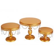 VILAVITA 3-Set Antique Cake Stand Round Cupcake Stands Metal Dessert Display with Pendants and Beads, Gold