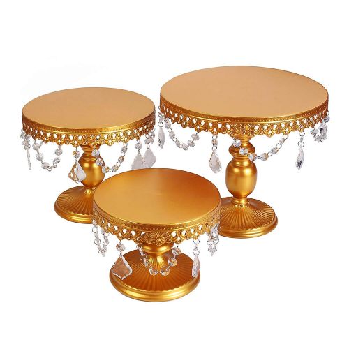  VILAVITA 3-Set Cake Stands Round Cupcake Stands Dessert Display Stand with Pendants and Beads, Gold