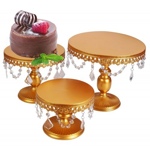  VILAVITA 3-Set Cake Stands Round Cupcake Stands Dessert Display Stand with Pendants and Beads, Gold