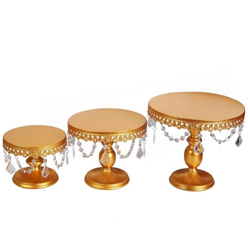  VILAVITA 3-Set Cake Stands Round Cupcake Stands Dessert Display Stand with Pendants and Beads, Gold