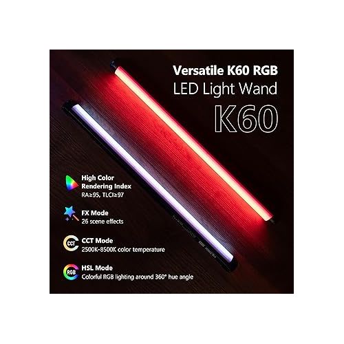  VILTROX K60 RGB LED Light Wand, Handheld 360° RGB LED Video Light Stick for Photography with APP Control, 2500K-8500K Dimmable, CRI97+, 2200mAh Rechargeable Battery,26 Light Scenes,LCD Display