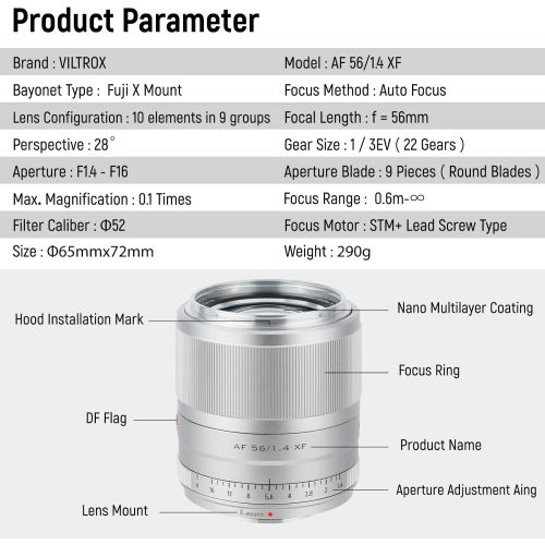  VILTROX 56mm F1.4 f/1.4 XF Autofocus APS-C Portrait Lens for Fuji Fujifilm X-Mount (Silver)