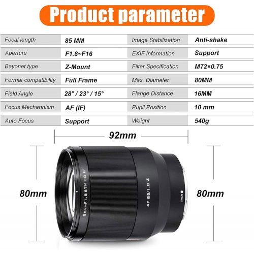  VILTROX 85mm f/1.8 F1.8 STM Auto Focus Full Frame Lens for Nikon Z-Mount Camera Z50/Z5/Z6/Z7/Z6 II with Lens Filter Combo