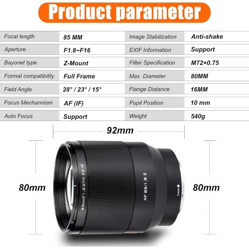  VILTROX 85mm f/1.8 F1.8 STM Full-Frame Portrait Lens Autofocus Large Aperture Compatible with Nikon Z-Mount Z9 Z50 Z7 ii Z6 ii Z7 Z6 Z6 ii Z5