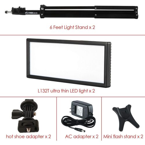  ( 2 pack) VILTROX video lighting kit,L132T LED Light with light Stand, 2m AC adapter, 0.782cm Ultra Thin CRI95 5600K3300K LED Video Light Dimmable Flat Panel Light