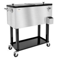 VINGLI 80 Quart Rolling Ice Chest on Wheels, Portable Patio Party Bar Drink Cooler Cart, with Shelf, Beverage Pool with Bottle Opener,Water Pipe and Cover (Stainless Steel)