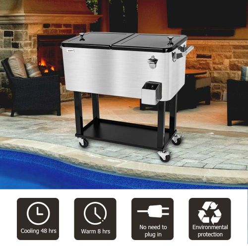  VINGLI 80 Quart Rolling Ice Chest on Wheels, Portable Patio Party Bar Drink Cooler Cart, with Shelf, Beverage Pool with Bottle Opener,Water Pipe and Cover (Stainless Steel)