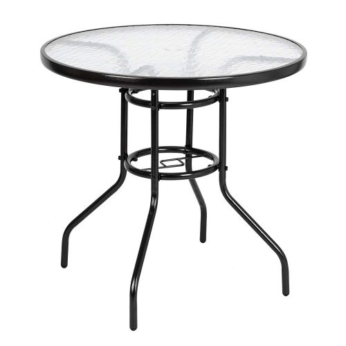  VINGLI Outdoor Dining Table, 31.5 Round Patio Bistro Tempered Glass Table Top with Umbrella Hole, Outside Banquet Furniture for Garden Pool Side Deck Lawn