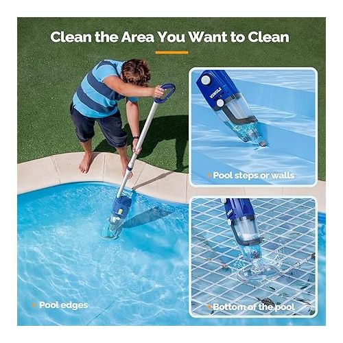  VINGLI Handheld Pool Vacuum,Swimming Pool Cleaner with Rechargeable Cordless Ideal for Above/In Ground Pool,Hot Tub and Spas (Blue&Grey)