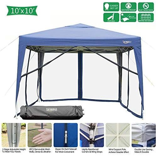  [아마존베스트]VINGLI 10x10/ 10x20 EZ Pop Up Canopy Tent w/Removable Zippered Mesh Sidewalls & Portable Wheeled Carrying Bag, for Patio/Gazebo/Camping/Outdoor Activities, UV Coated Sun Shade Shel