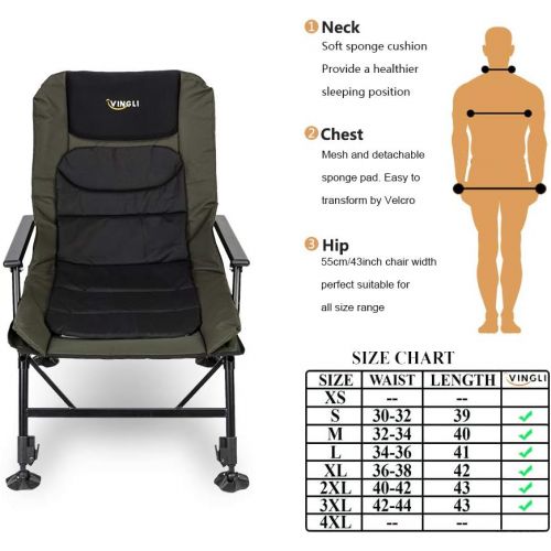  VINGLI Oversized Fishing Chair Heavy Duty Support 440 LBS, 160° Freely Adjustable Reclining Folding Chairs, Lounge Travel Outdoor Seat with High Back for Fishing Camping or Leisure