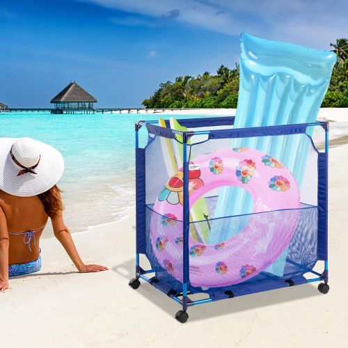  VINGLI Modern Pool Storage Organizer Bin Rolling Cart Poolside Mesh Container for Your Home Garage, Shed, Children Playroom or Pool Toys Goggle Balls Float Container Blue 36x24x36