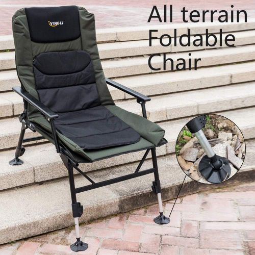  VINGLI Professional Fishing Chair Foldable,180° Adjustable Reclining Mesh Padded Back,Outdoor Heavy Duty Camping/Picnic/Hiking/Beach Stool Chair,Support 350LBS,w/Steel Armrest Chai