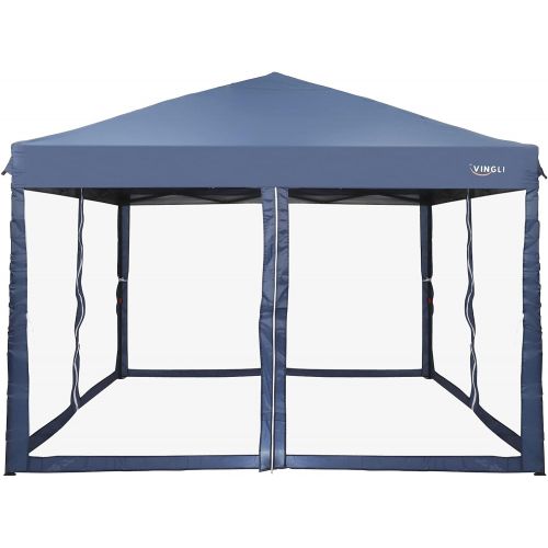  VINGLI 10x10ft Easy Pop Up Canopy Tent w/ 4 Removable Zippered Mesh Sidewalls for Patio/ Gazebo/ Camping/ Outdoor Activities, UV Coated Sun Shade Shelter, Blue