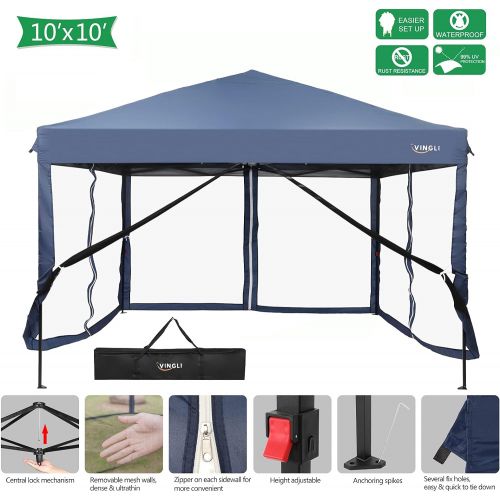  VINGLI 10x10ft Easy Pop Up Canopy Tent w/ 4 Removable Zippered Mesh Sidewalls for Patio/ Gazebo/ Camping/ Outdoor Activities, UV Coated Sun Shade Shelter, Blue