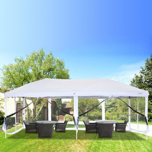  VINGLI 10x20ft Easy Pop Up Canopy Tent w/ 6 Removable Zippered Mesh Sidewalls & Portable Wheeled Carrying Bag, for Patio/ Gazebo/ Camping/ Outdoor Activities, White UV Coated Sun S