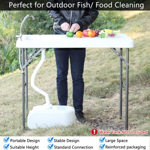  VINGLI Outdoor Folding Fish and Game Cleaning Table w/Sink| Portable & Durable, Standard Garden Connection, Upgraded Drainage Hose, Stainless Steel Faucet