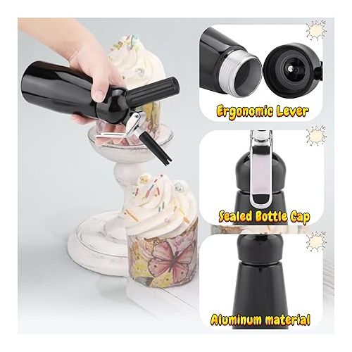  Whipped Cream Dispenser, Aluminum Whipped Cream Maker, 250ml Portable Whip Cream Canister, Cream Whipper with 3 Nozzles and Brush (Not Include Cream Charger) (Black)