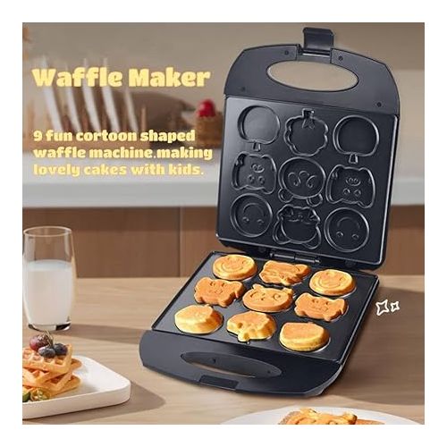  Waffle Maker, 9 Fun Cartoon Shaped Waffles Pancakes for Kids, Non-stick Double Sided Heating Waffle Iron, Easy to Clean Sandwich Maker for Home Restaurant