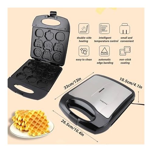  Waffle Maker, 9 Fun Cartoon Shaped Waffles Pancakes for Kids, Non-stick Double Sided Heating Waffle Iron, Easy to Clean Sandwich Maker for Home Restaurant