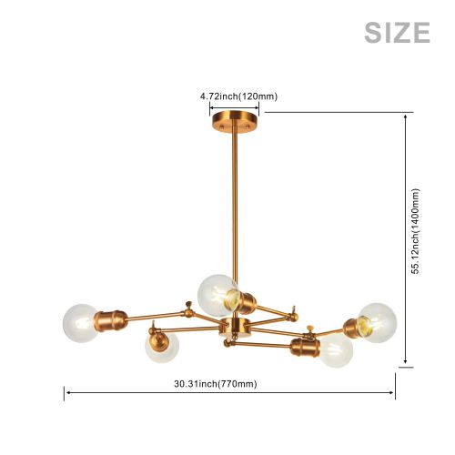  5-Light Sputnik Chandelier Lighting VINLUZ Brushed Brass Modern Pendant Lights Vintage Semi Flush Mount Ceiling Light for Dining Room Bed Room Kitchen Room