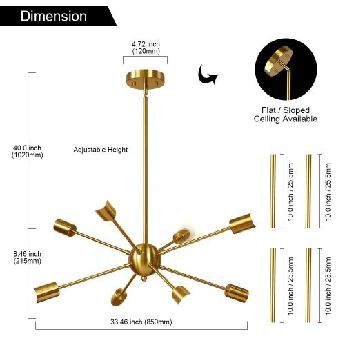  Sputnik Chandelier 8 Light Brushed Brass Pendant Lighting Gold Mid Century Modern Starburst-Style Ceiling Lighting Fixture for Dining Room Kitchen Bedroom Foyer by VINLUZ