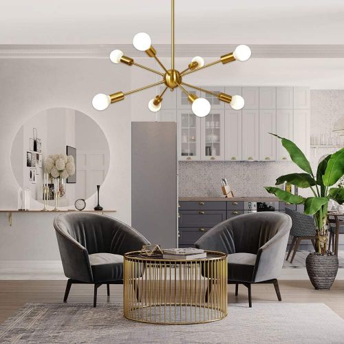  Sputnik Chandelier 8 Light Brushed Brass Pendant Lighting Gold Mid Century Modern Starburst-Style Ceiling Lighting Fixture for Dining Room Kitchen Bedroom Foyer by VINLUZ