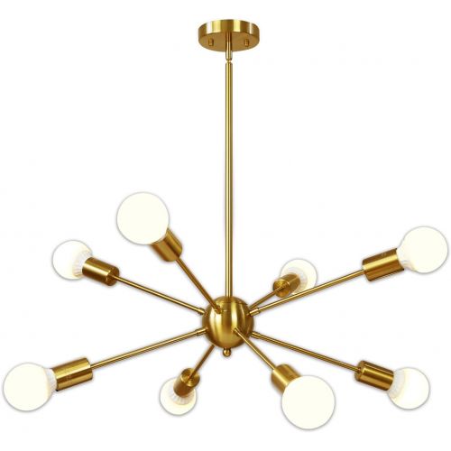  Sputnik Chandelier 8 Light Brushed Brass Pendant Lighting Gold Mid Century Modern Starburst-Style Ceiling Lighting Fixture for Dining Room Kitchen Bedroom Foyer by VINLUZ