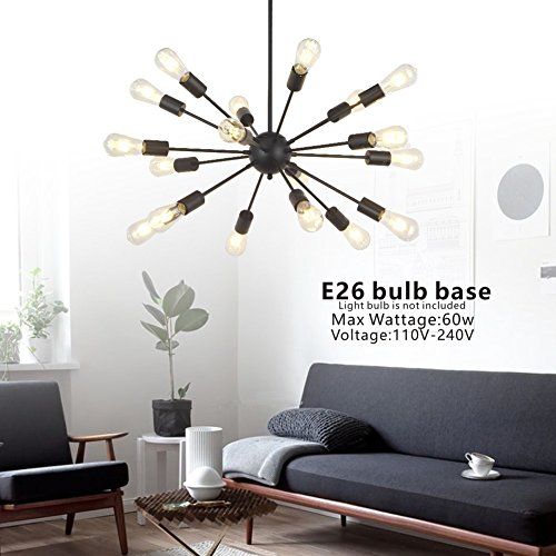  VINLUZ Mid Century 18 Light Mobile Sputnik Chandelier Lighting Modern Pendant Lights Black Color for Kitchen Foyer Dining Room Vintage Ceiling Light Fixture UL Listed