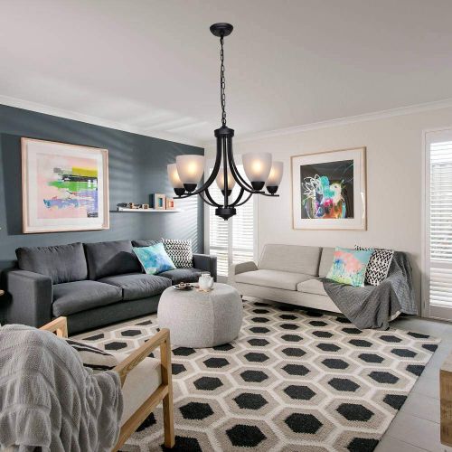  VINLUZ 5 Light Shaded Contemporary Chandeliers with Alabaster Glass Black Rustic Light Fixtures Ceiling Hanging Mid Century Modern Pendant Lighting for Dining Room Foyer Bedroom Li