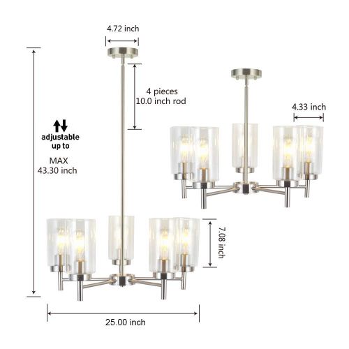  VINLUZ Contemporary 5-Light Large Chandeliers Modern Clear Glass Shades Pendant Lighting Brushed Polished Nickel Dining Room Lighting Fixtures Hanging Adjustable Wire Semi Flush Ce
