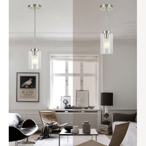  VINLUZ One Light Chandeliers Modern Clear Glass Pendant Lighting Brushed Nickel Dining Room Lighting Fixtures Hanging Contemporary Lamp Semi Flush Mount Ceiling Lights