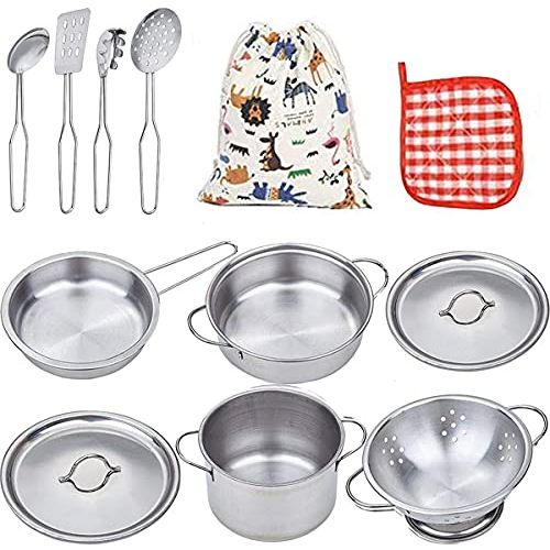  VIPAMZ My First Play Kitchen Pretend Cooking Toy Cookware playset for Kids 11-Pieces Set Stainless Steel Pots and Pans Utensils-Dishwasher Safe