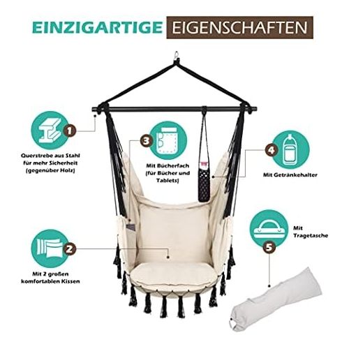  Besuchen Sie den VITA5-Store VITA5 Hangesessel 2 Kissen, Getrankehalter & Buecherfach - XXL Hangestuhl fuer Erwachsene & Kinder -Belastbar bis 150 kg - Hangesitz fuer Indoor & Outdoor (Wohn & Kinderzimmer, Garten