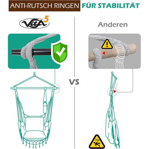  Besuchen Sie den VITA5-Store VITA5 Hangesessel 2 Kissen, Getrankehalter & Buecherfach - XXL Hangestuhl fuer Erwachsene & Kinder -Belastbar bis 150 kg - Hangesitz fuer Indoor & Outdoor (Wohn & Kinderzimmer, Garten