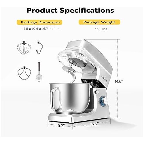 비보 VIVOHOME 7.5 Quart Stand Mixer, 660W 6-Speed Tilt-Head Kitchen Electric Food Mixer with Beater, Dough Hook, Wire Whip, and Egg Separator, Silver