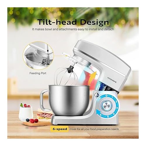 비보 VIVOHOME 7.5 Quart Stand Mixer, 660W 6-Speed Tilt-Head Kitchen Electric Food Mixer with Beater, Dough Hook, Wire Whip, and Egg Separator, Silver