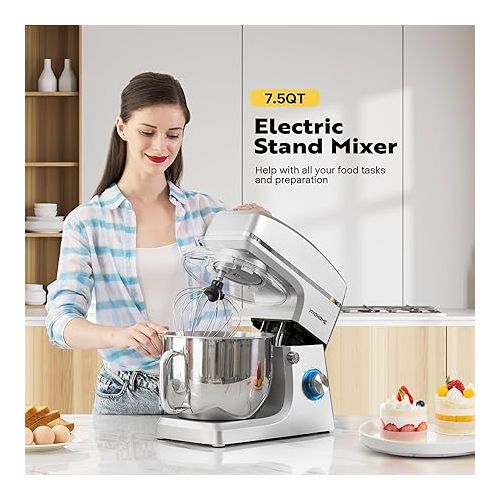 비보 VIVOHOME 7.5 Quart Stand Mixer, 660W 6-Speed Tilt-Head Kitchen Electric Food Mixer with Beater, Dough Hook, Wire Whip, and Egg Separator, Silver