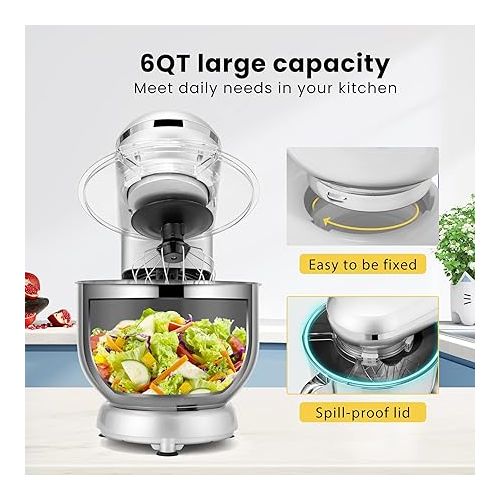 비보 VIVOHOME Stand Mixer, 660W 10 Speed 6 Quart Tilt-Head Kitchen Electric Food Mixer with Beater, Dough Hook, Wire Whip and Egg Separator, Silver